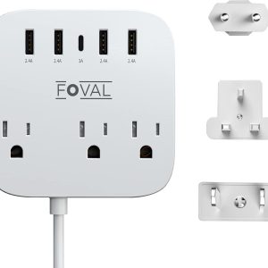 European Travel Plug Adapter, FOVAL EU UK US Power Strip with USB C and 4 USB Ports, 3 AC Outlets, Wall Mountable, 5ft Extension Cord, Compact for Travel, Cruise Ship, Home Office (White)