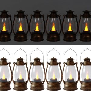 LLQ 12 Pack Vintage Decorative Lanterns, Mini Candle Lantern Decorative LED Candle Holders with Flameless Candles for Wedding Table Centerpieces, Christmas Party Outdoor Decorations, Brown